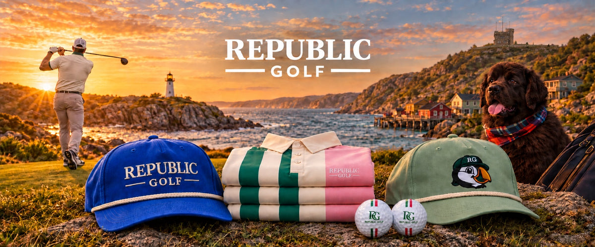 Republic Golf hats, tricolour polos and golf balls beside a Newfoundland coastal golf scene at sunset