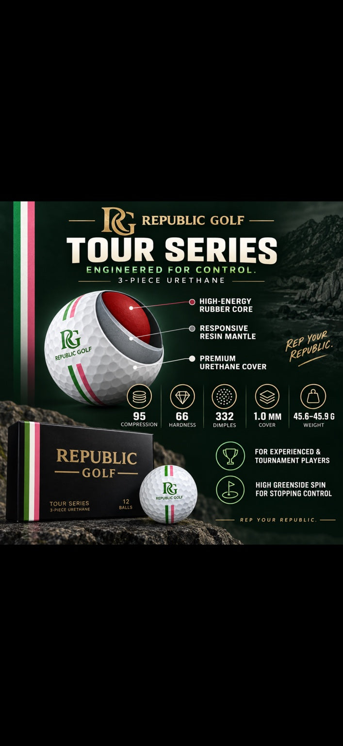 Republic Golf Tour Series three-piece urethane golf ball specifications